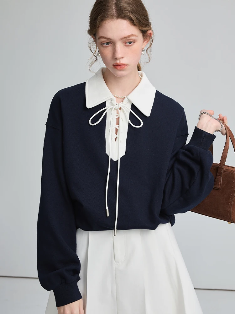 MOLAN Preppy Sweatshirt Women 2023 New Hoddies Contrast Color Tie Neckline Elegant Casual Famale Loose Top