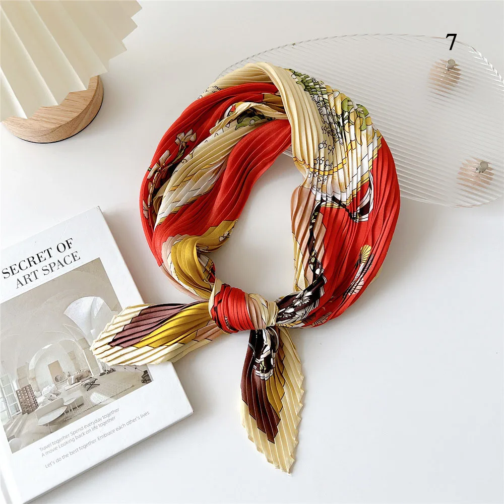 Square Floral Silk Crinkle Hair Bands Scarf Women Luxury Headband Scarves Bandana Foulard Office Ladies Shawl Accessories 2023