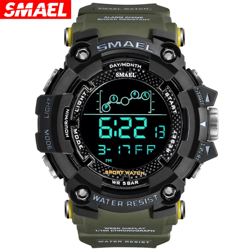 SMAEL Mens Watch new Water Resistant 2025 Sport Watches Army Big Dial Led Digital Wristwatches Stopwatches for Male 1802 Clock