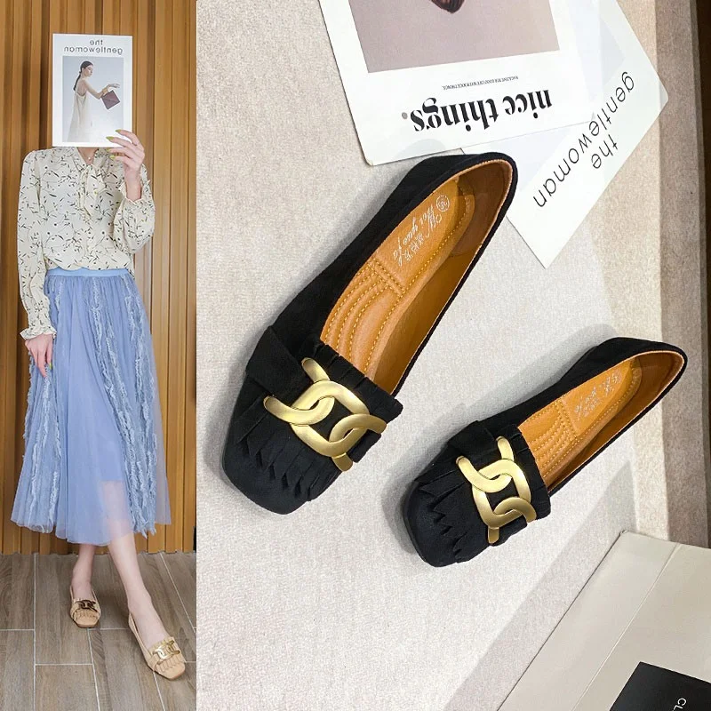 Flat Shoes Woman Retro Tassels Square Shallow Single Shoes for Women 2023 New Metal Buckle Flat Loafers Women Big Size 45 45 46
