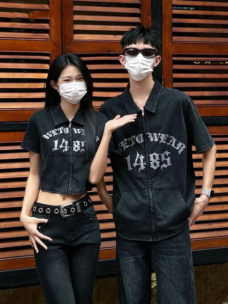 2024 Trendy Cool Style Gothic Letter Printing Zipper Thick Women Crop Top With Men Heavy Industry Shirts Tshirt 240521