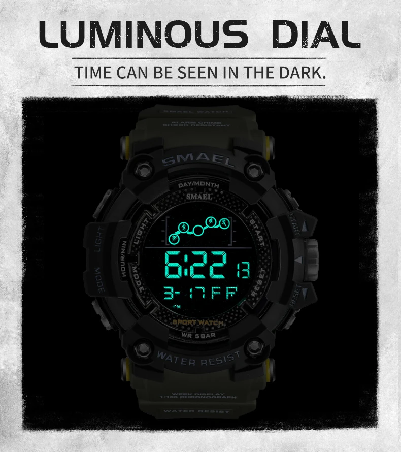 SMAEL Mens Watch new Water Resistant 2025 Sport Watches Army Big Dial Led Digital Wristwatches Stopwatches for Male 1802 Clock