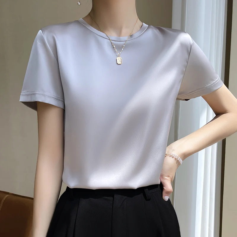 Summer 2025 Short-Sleeved Women's Acetic Acid T-Shirt Satin New Simple Loose Round new Neck Vest Top Joker Slim