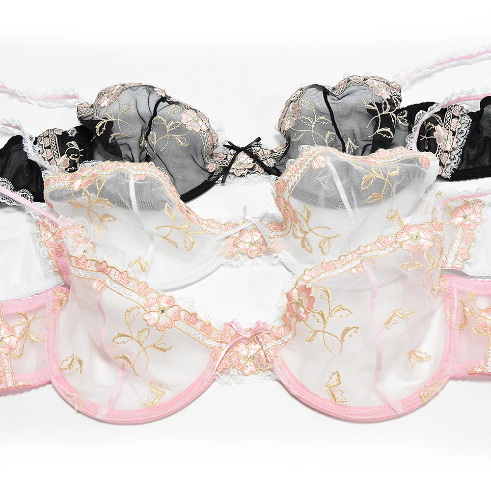 Women's Sexy Lace lingeries Embroidered Flower Bra Unlined Bra with Underwire See Through Breathable Bra set