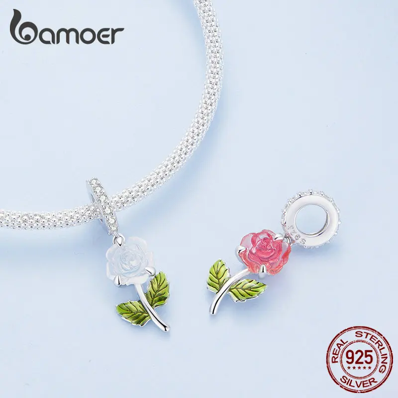 Bamoer Sterling 2025 Sier Rose Hanging Bead new Color Changeable Flower Pendant Charms for Women Bracelet and Necklace DIY BSC824