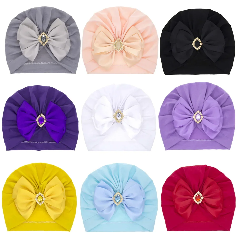 Baby Hats Caps Big Bownot Turban Hat Cute Solid Color Rhinestone Head Wraps for Newborn Infant Kids Toddler Bow Beanie Headwraps