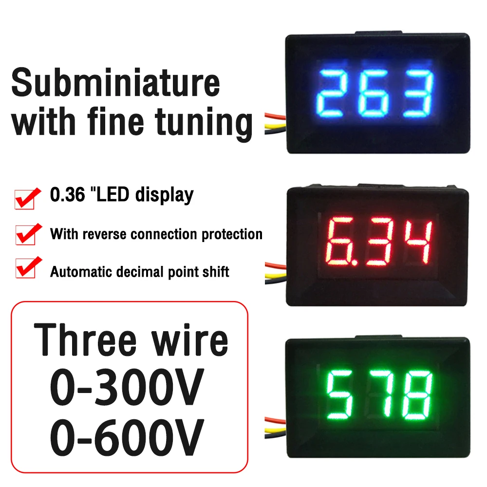 DC0-300/600V 0.36'' Digital Voltmeter Mini LED Car Voltage Detector 3 Wire 3 BitsVoltage Tester External DC3.3-30V Power Supply