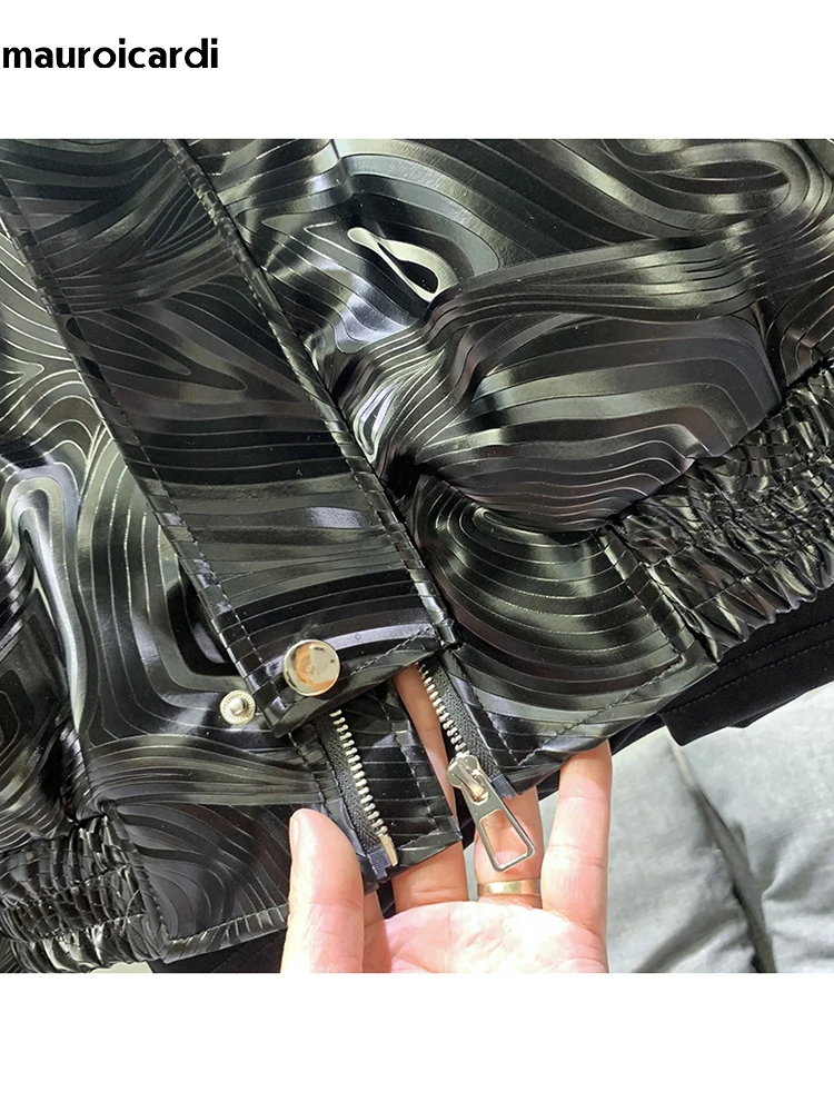 Mauroicardi Spring new Autumn Cool Short 2025 Black Shiny Geometric Faux Leather Bomber Jacket Men Zipper Stylish Designer Clothes