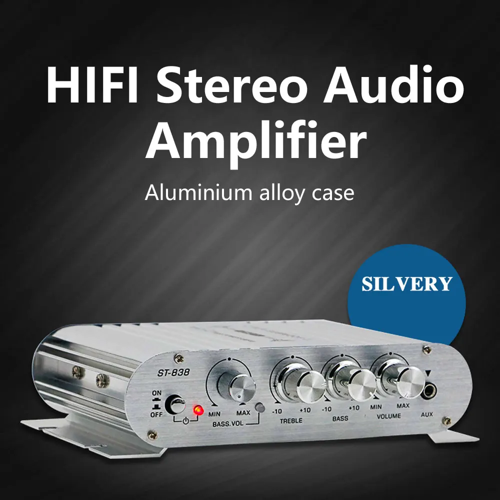 ST-838 HIFI Amplifier 2.1 Channel Car MP3 Mini Amp AUX Input High and Low Bass Adjustment Super Bass 20WX2+40W Black Silver