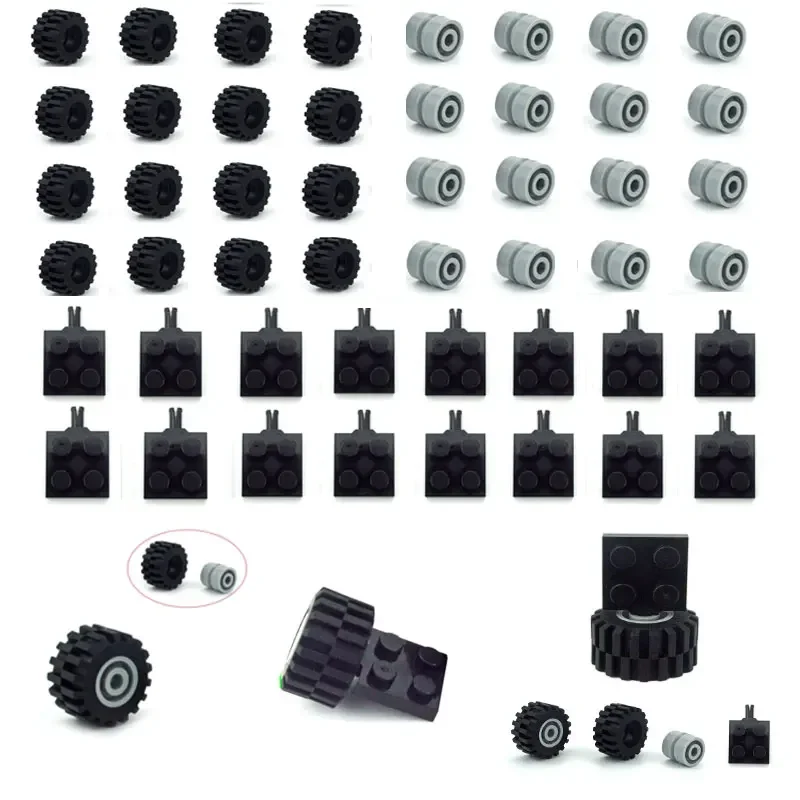 48/80Pcs Mini Wheel Tyre Shaft Plate Axles Pack Set Car Tires Building Blocks Technical Part Truck Vehicle Accessories Brick Toy