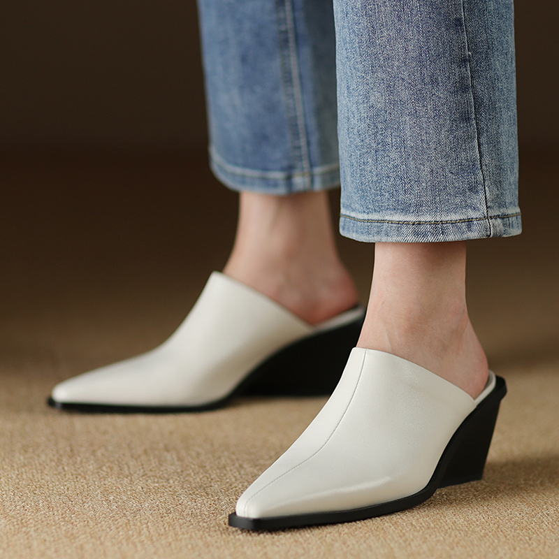 Women Mules Pointed Toe Thick new Heels Real Leather 2025 Cowhide Pumps European Mullers Women Slip On Outwear Wedge Slippers Size 42