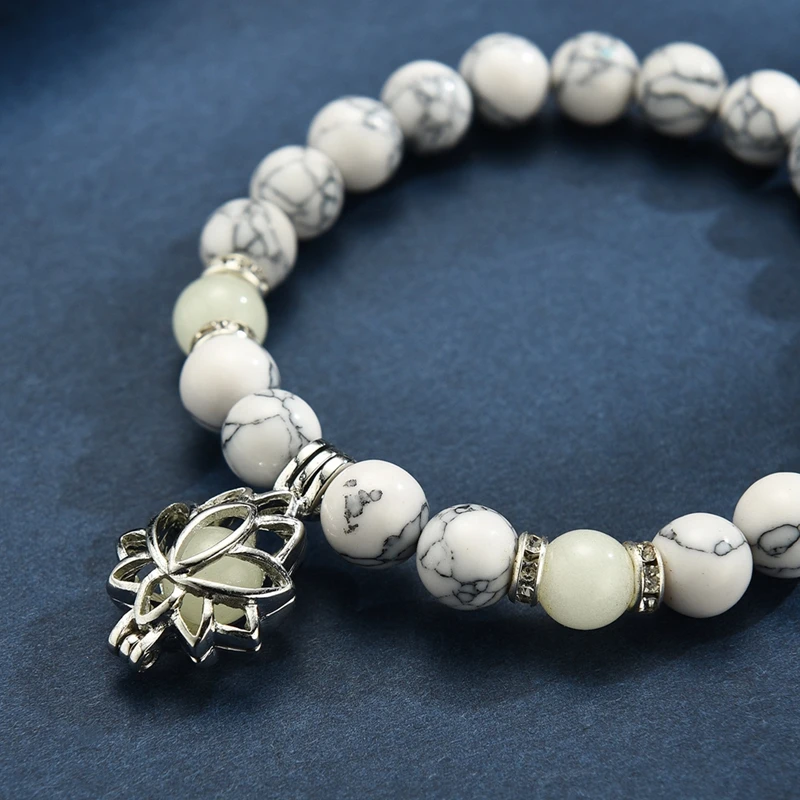 Natural Stone Bracelet Yoga Healing Luminous Glow In The Dark Bracelet Lotus Charm Beads Bracelet for Men Women Prayer Buddhism