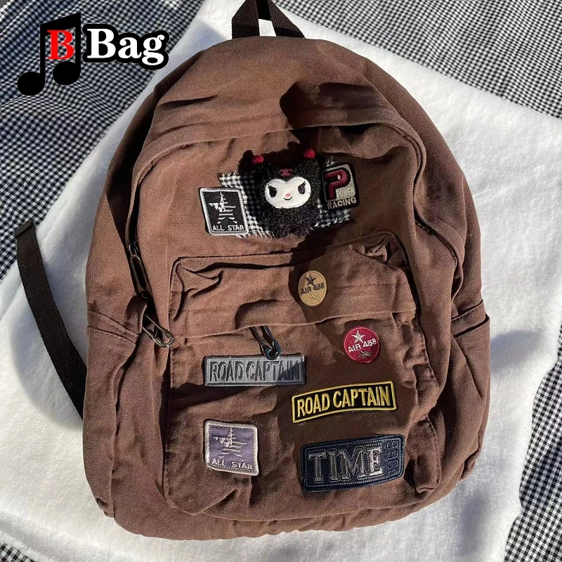 Brown Canvas new Backpack Women Gothic Punk 2025 Spicy Girl Vintage Bag Large Capacity Commuting Tote