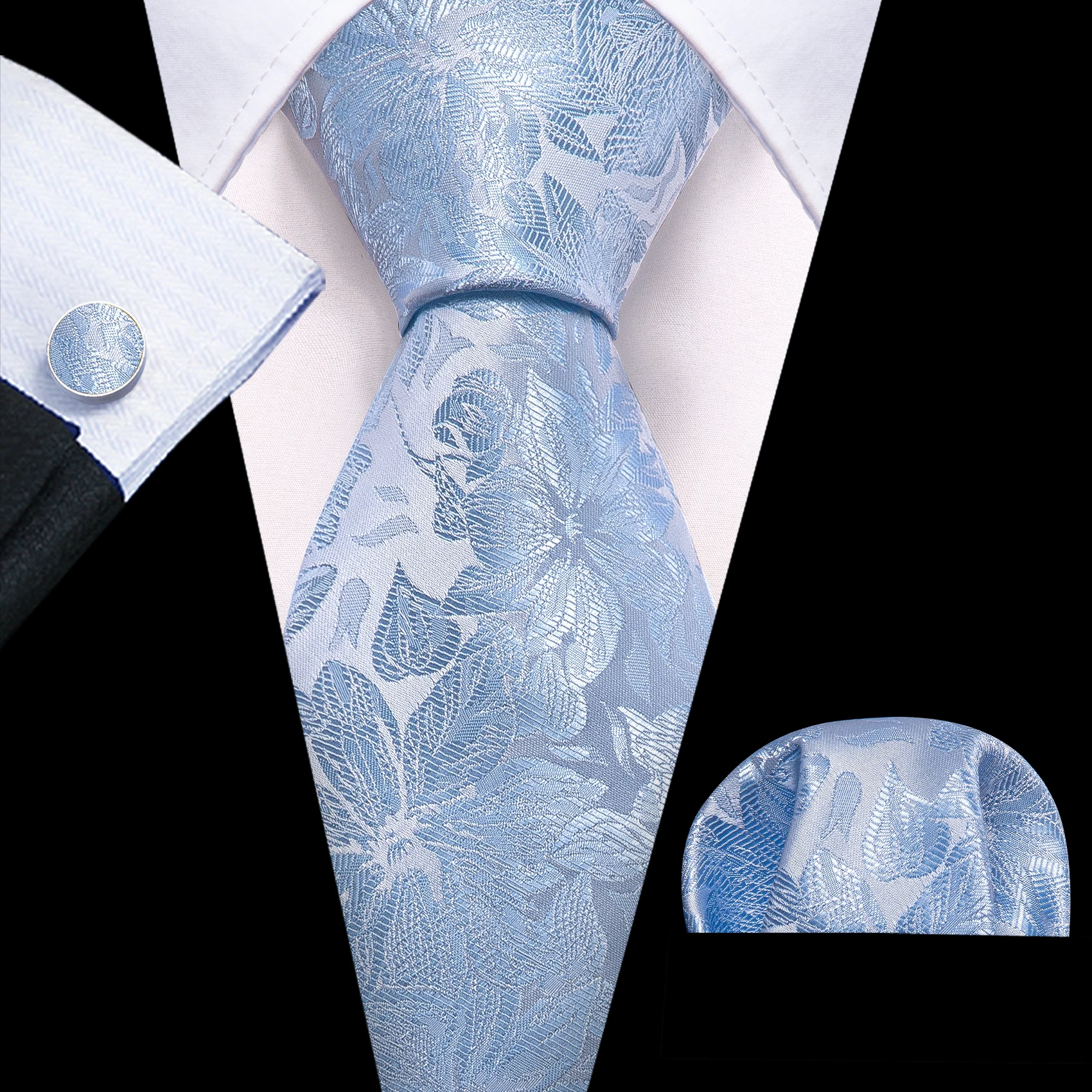 High Quality Light Blue Floral Silk Tie For Men Classic Jacquard Woven Handkerchief Cufflinks Sets Wedding Party Barry.Wang 6530