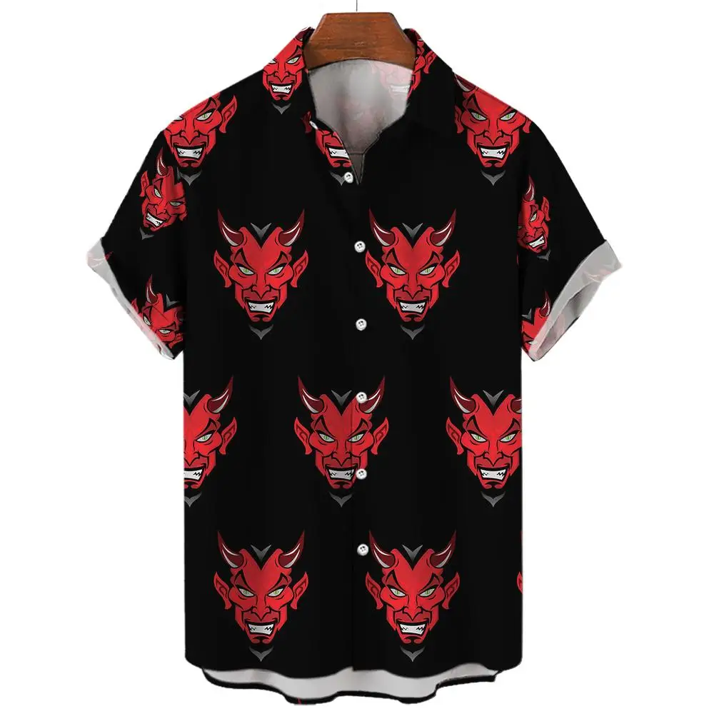 Devil Pattern Men's Shirts Oversized Shirt Loose Causal Double Patchwork Red new Imp Party Festival Camisas 2025 Original Men's Shirts