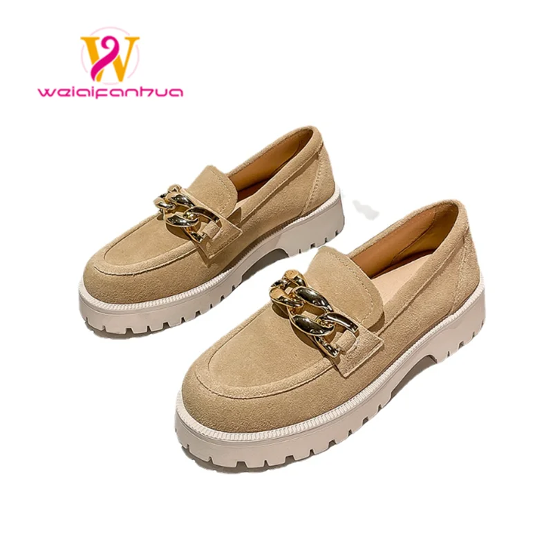 Women Loafers Suede Genuine Leather 2024 New Chain British Style Women Spring Shoes Large Size 41 42 Student Shoes Ladies High