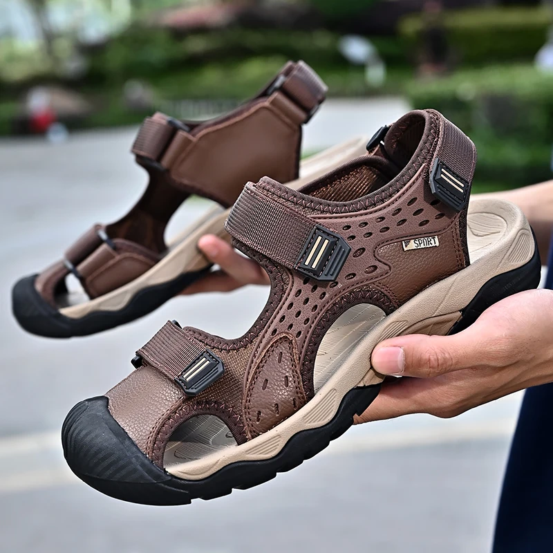 Men Sandals Non-slip Rubber Soles High Quality Casual Water Trekking Mesh Leather Beach Breathable Summer Outdoor Hiking Soft