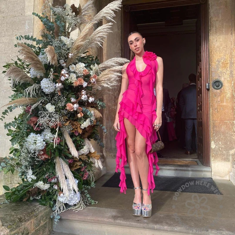 Dress Chiffon Rose Red White Stitching Ruffled Irregular Tight High Waist Pullover Vneck Sleeveless A line Long Summer Fashion 240515