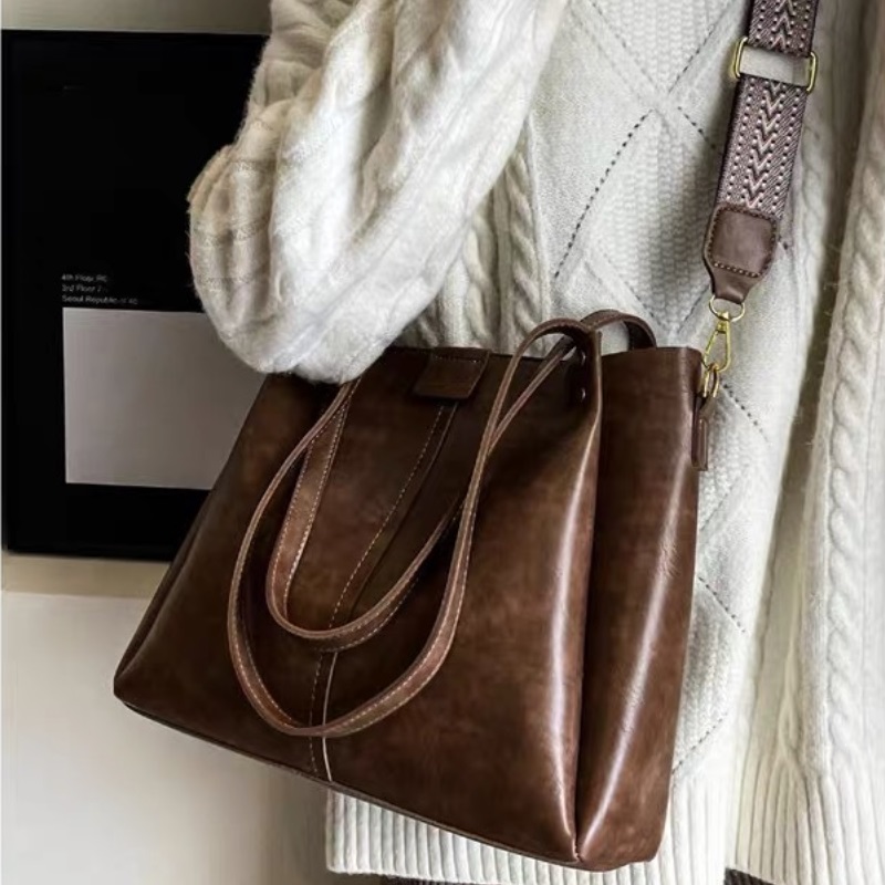 Fashionable tote bag with neutral coffee color and multifunctional PU leather shopping bag, large capacity crossbody handbag, business retro bag