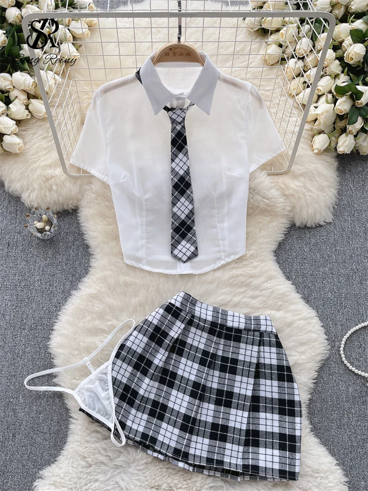 SINGREINY Plaid JK Uniform Erotic Suits Lingerie Female Short Sleeve Blouses+Pleated Skirts Suits Women Cosplay Sheer Sexy Sets