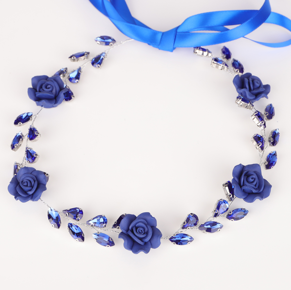 Bridal Wwdding Blue Flower Rhinestones Hair Accessories Bridal Crystal Navy Blue Headband Wedding Prom Hair Jewelry for Women
