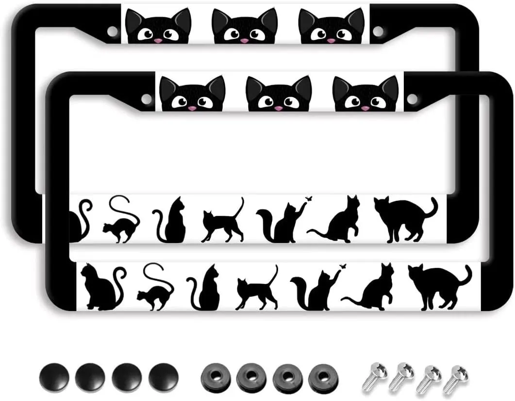 Black Cat License Plate Frame 2 Pack Aluminum License Plates Halloween License Plate Holder Novelty Auto Car Tag Car Accessories