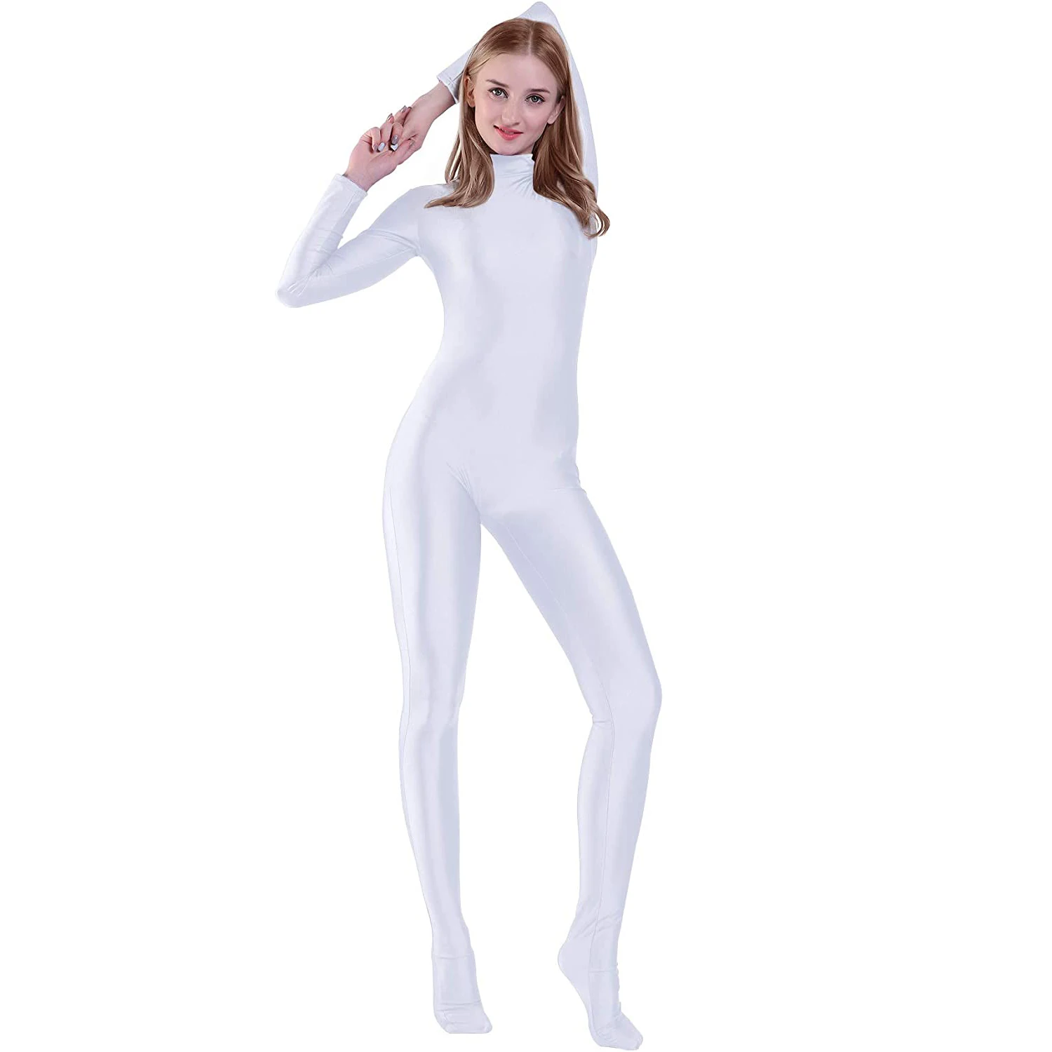 Speerise Womens Long Sleeve Zip Back Yoga Unitard Turtleneck Bodysuit Mens Full Body Dancewear without Gloves Adult Black Suit