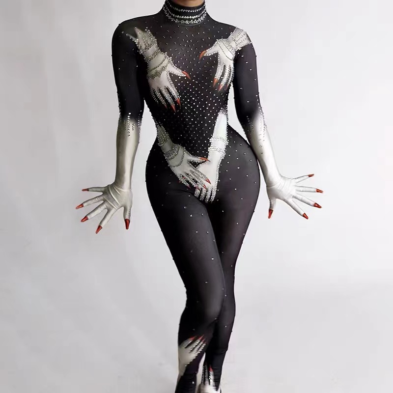 Sexy Pole Dance Outfit Women Dj Ds Party Gogo Clothing Clubwear Drag Queen Costume Black Gold Sequins Jumpsuit Gloves
