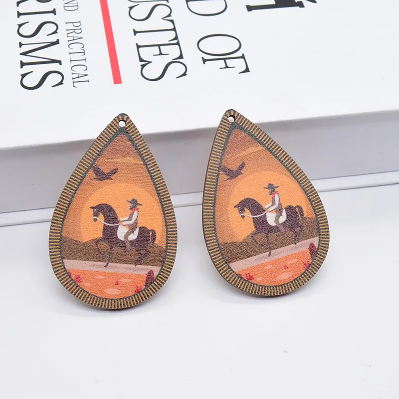 10pcs Sunset Cowboy Vintage Earring Wood Charms Artificial Wood Horse Riding Art Pendant For Eardrop Keychain Diy Jewelry Make