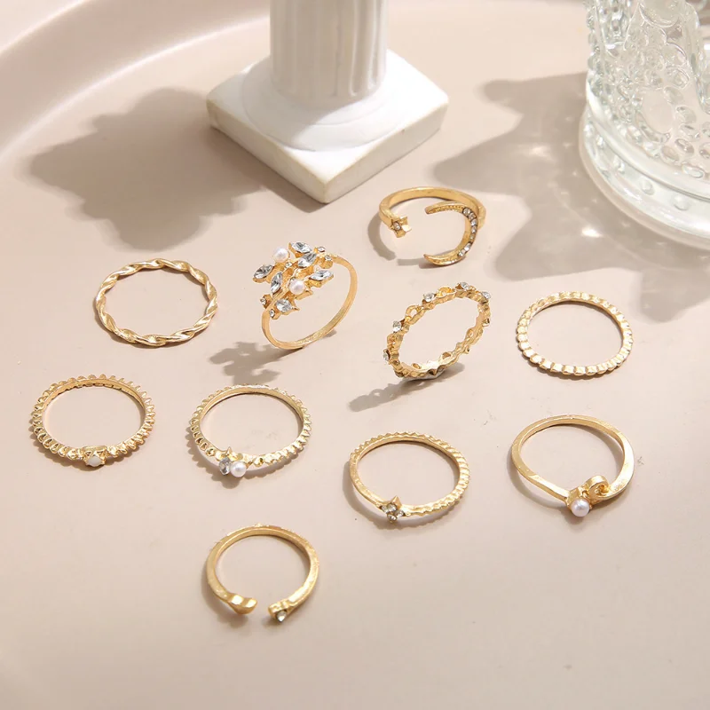 Boho Gold Color Heart Rings Set For Women Vintage Geometric Cross Pearl Butterfly Finger Rings Female Trendy Jewelry Gift