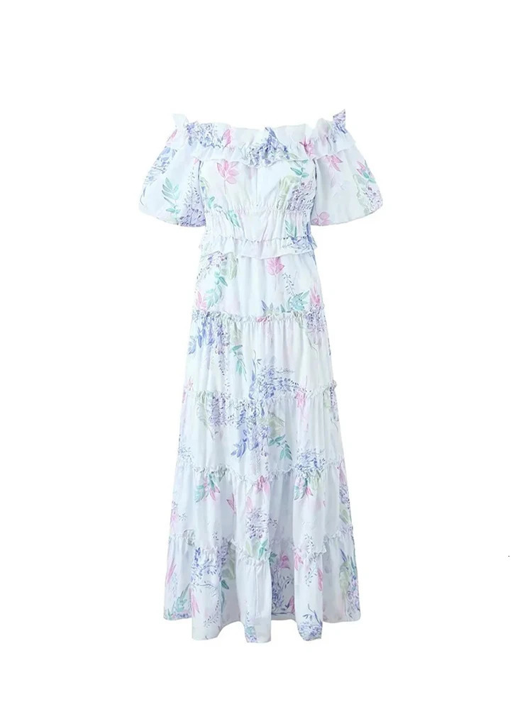 ZABA Ladies Casual Fashion Chiffon Floral Dress Short Sleeve Fairy Sweet Long Elegant Vintage French One Shoulder Dresses 240518