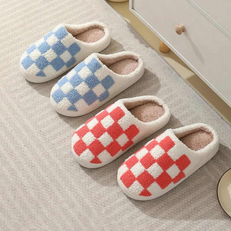 2023 Retro Checker Plush Slippers Men Women Cozy Winter Comfort Fluffy House Soft Shoes Indoor Sole Winter Warm Bedroom Slides