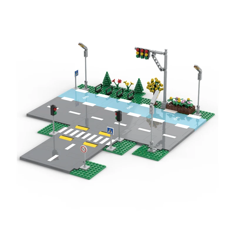 Compatible City Street View Building Bricks MOC Road Traffic Lights Sign Blocks Base Friends Bricks DIY Toys for Boys Girls Gift