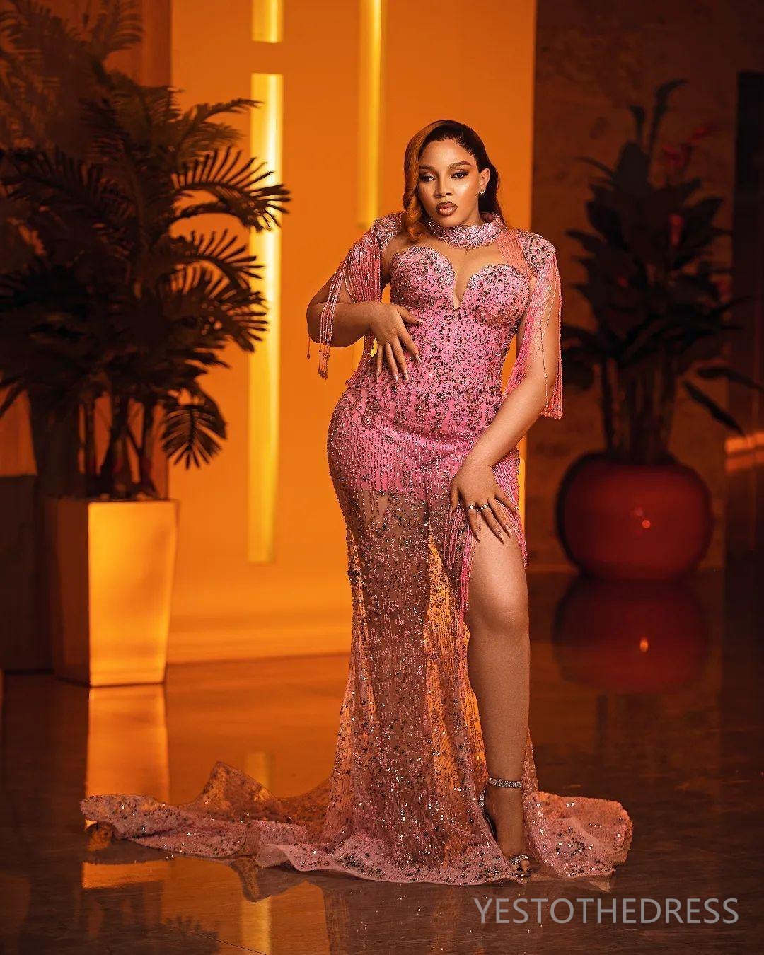 R&W 2024 urious Aso Ebi Prom Dresses for Black Women Pink Promdress Illusion High Neck Beaded Lace Beading Tassel Side Split Birthday Dress Reception 