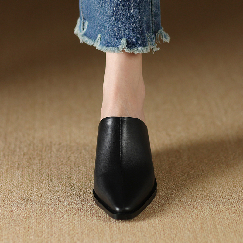 Women Mules Pointed Toe Thick new Heels Real Leather 2025 Cowhide Pumps European Mullers Women Slip On Outwear Wedge Slippers Size 42