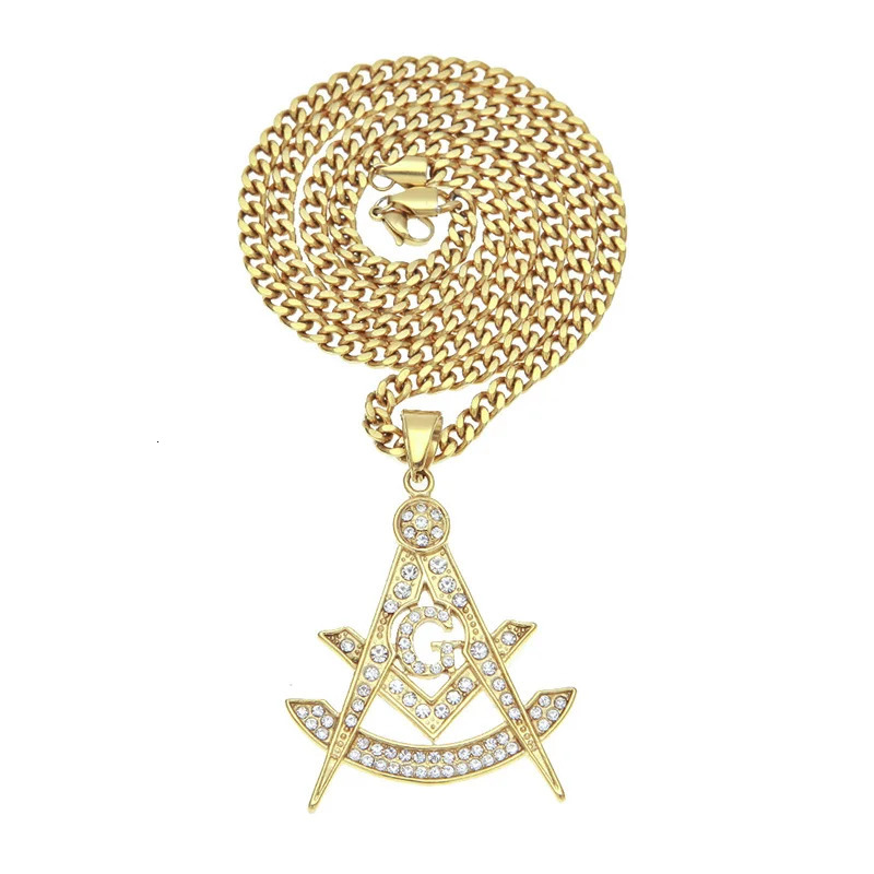 Hip Hop Bling Iced Out Rhinestones Stainless Steel Masonic Freemasonry Pendant Necklace for Men Rapper Jewelry 240514
