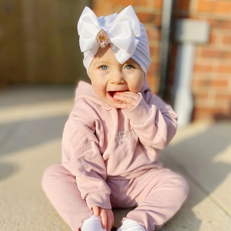 Baby Hats Caps Big Bownot Turban Hat Cute Solid Color Rhinestone Head Wraps for Newborn Infant Kids Toddler Bow Beanie Headwraps
