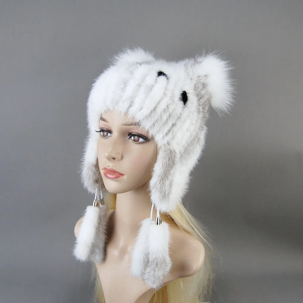 Winter Cap Women Warm Luxury Natural Mink Fur Hat With Ear Flaps For Girls Tail Earflap Bomber Loverboy Knitted Anime Cat Beanie