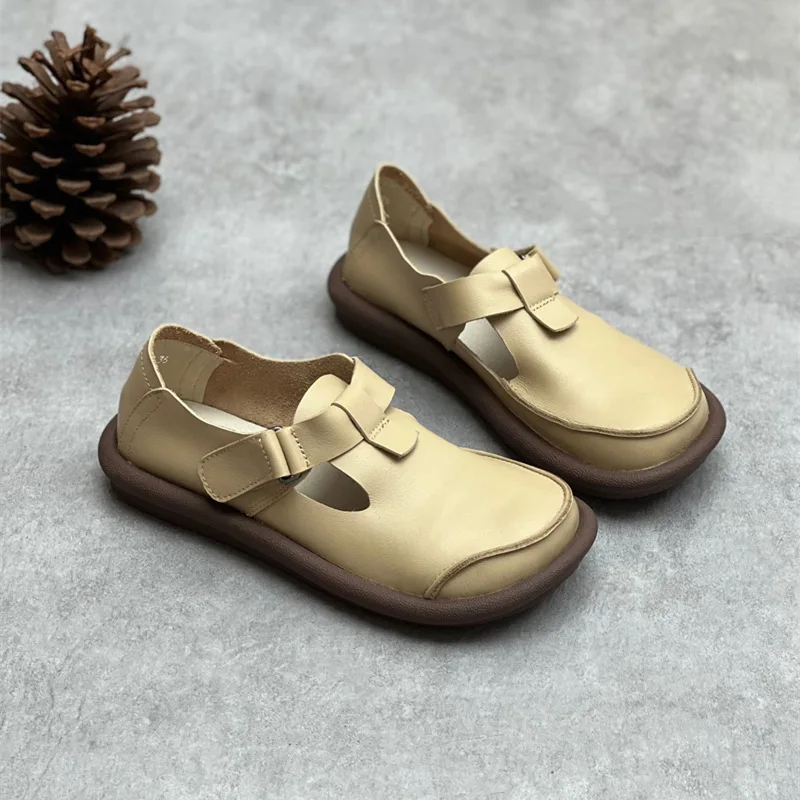Retro cowhide 2025 flat women's shoes big head loafers real leather new shoes softMary Jane shoes