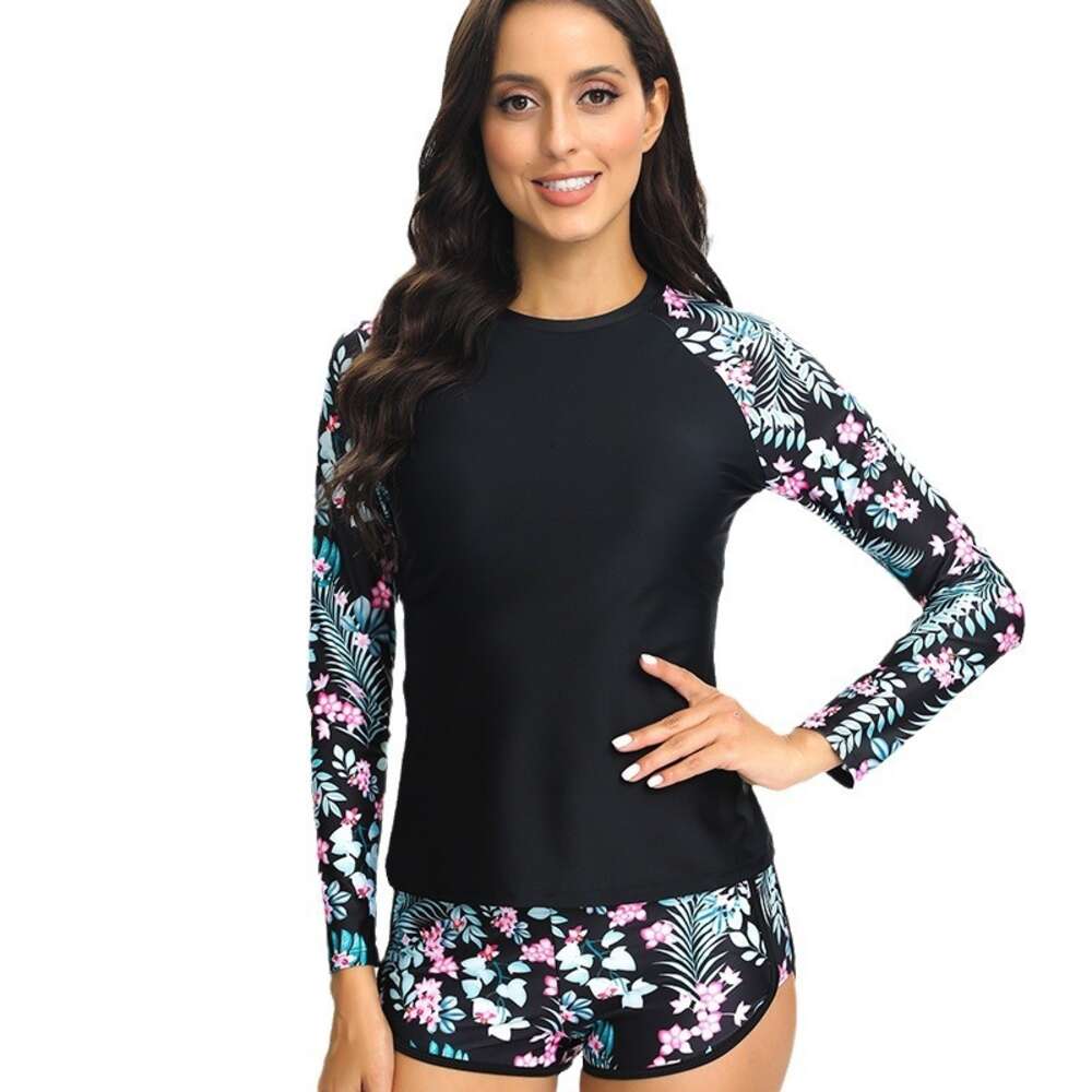 Ddmytiger New Snorkeling Surfing Suit Women S Long Sleeved Digital Printed Tight And Conservative Boxer Shorts Set Swimsuit H