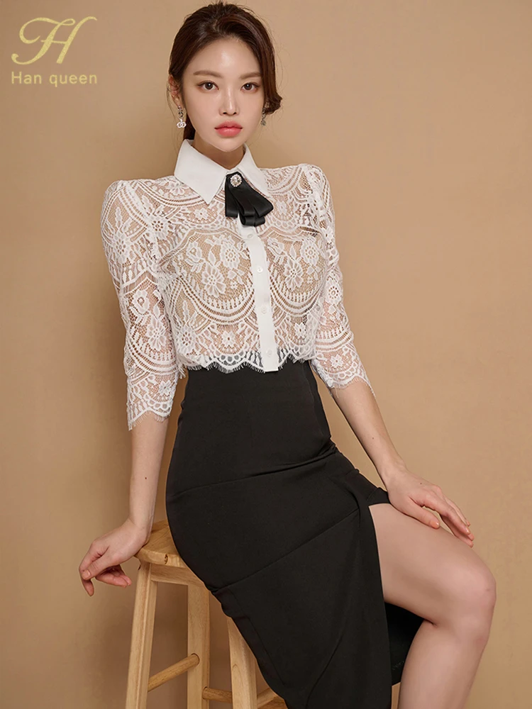 H Han Queen Elegant 2023 new Summer 2 Pieces Set 2025 Women Bow Lace Tops + High Waist Slit Pencil Skirts Casual Simple Office Skirt Suit