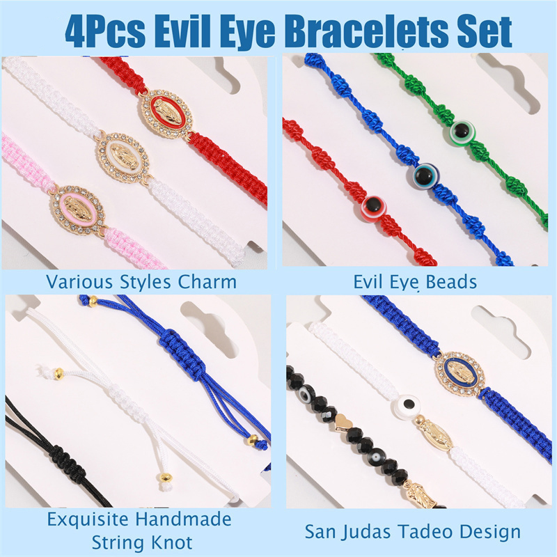 4PCS/Set Saint Jude or Virgin Mary Rosay Cross Bracelets Mexican Braid Crystal Evil Eye Bracelets Gift For Pray Or Protection