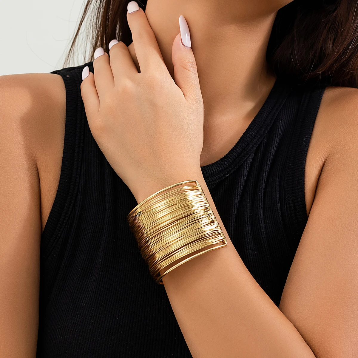Exaggerated Multilayer Metal Wires Strings Open Bangles for Women Vintage Gold Color Wide Cuff Bracelet Pulseras Steampunk Men