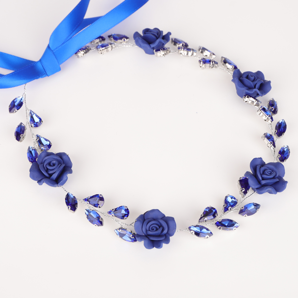 Bridal Wwdding Blue Flower Rhinestones Hair Accessories Bridal Crystal Navy Blue Headband Wedding Prom Hair Jewelry for Women