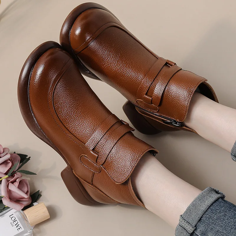 Women Shoes Round Toe Genuine Cow Leather Handmade Retro Thick Heel Casual Loafers Ladies Winter Soft Sole Plush Warm Boots