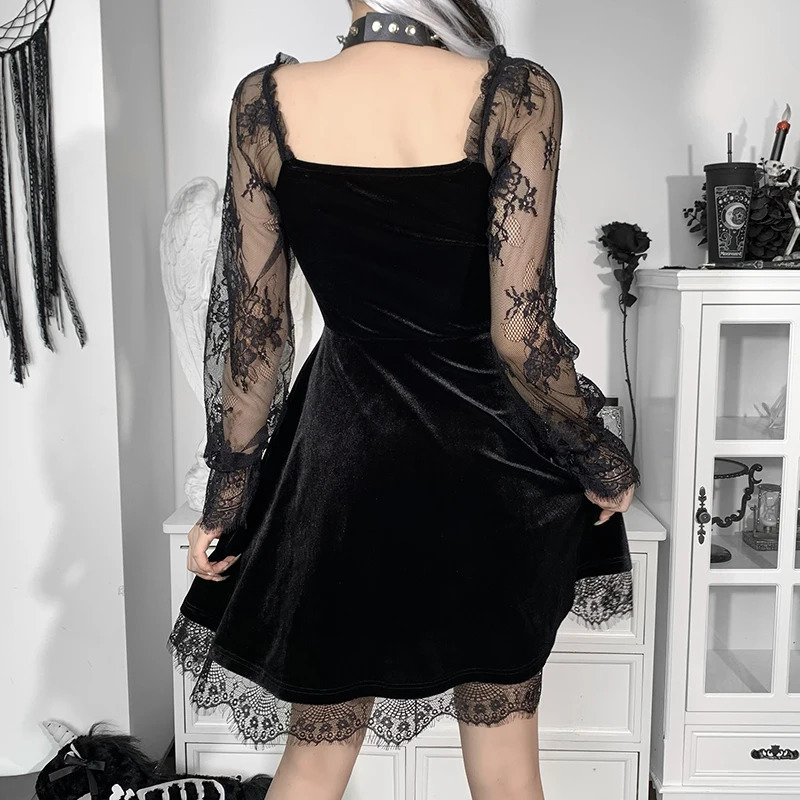 E-girlGrunge Gothic Black Mini Dress Lace Trim High Waist Bodycon Dress Y2K Women 90s Vintage Punk Harajuku Lolita Clothes 240518