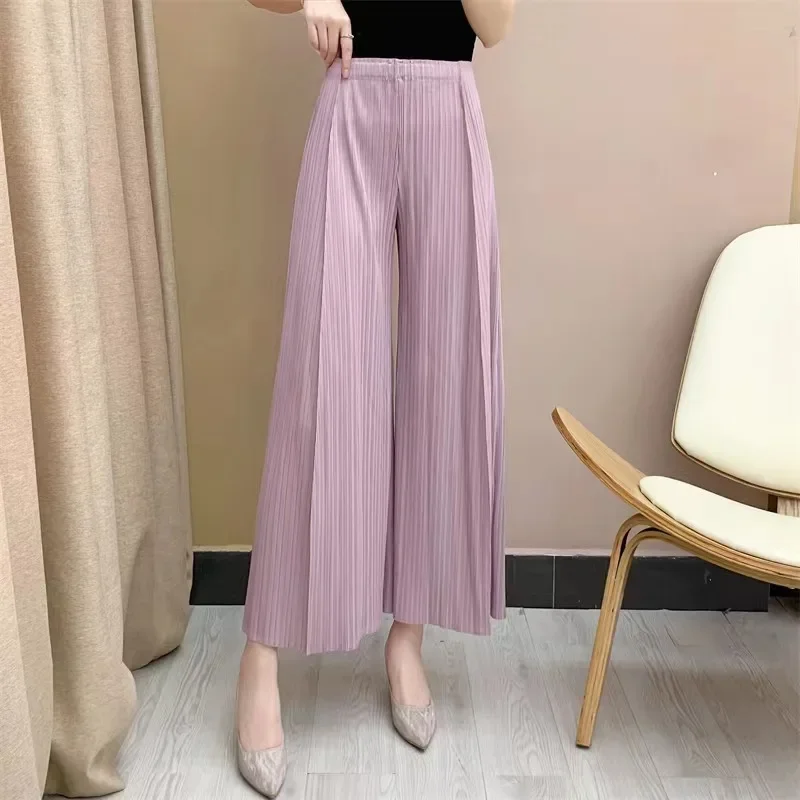 2025 2023 Miyake Pleated Niche Wide-leg Flared Trousers for Women new Spring Summer High Waist Elegant Solid Color Female Loose Pants