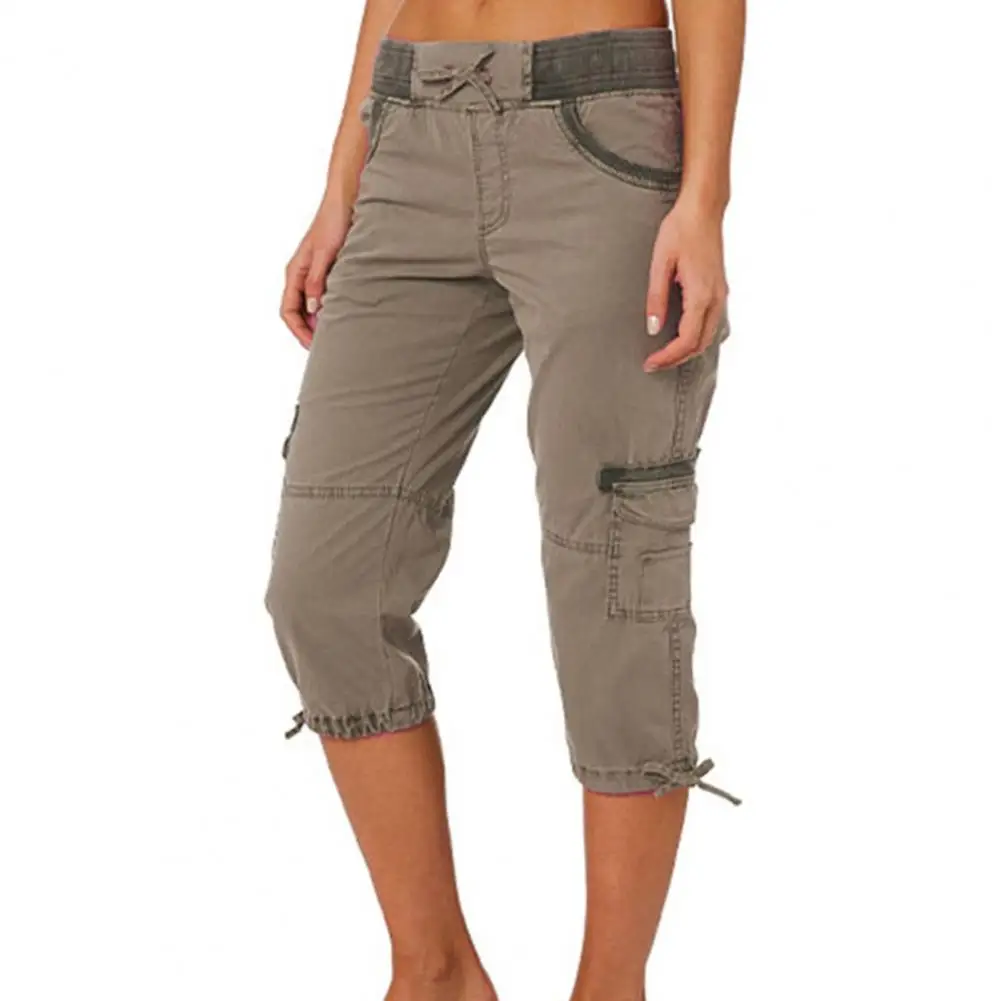 2023 Summer Ladies 2025 Stretch Pants Solid Color Mid-calf Length Flap Pockets Waist Cropped new Pants Female Casual Clothing