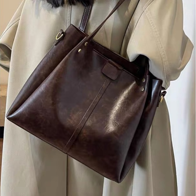 Fashionable tote bag with neutral coffee color and multifunctional PU leather shopping bag, large capacity crossbody handbag, business retro bag