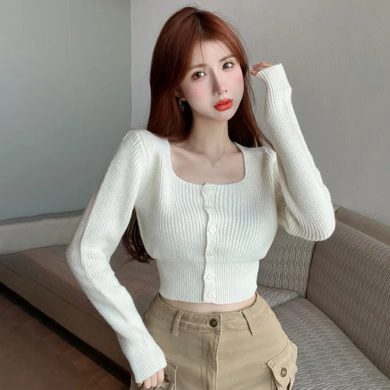 Single-breasted new Long Sleeve Square Neck Solid Color 2025 Short Top Knitted Air Conditioning Shirt Women's Sweater